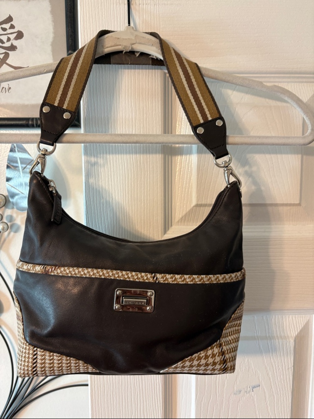 Ralph Lauren Brown Leather Shoulder Bag with Striped Canvas Strap